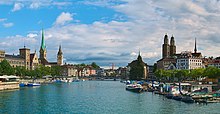 The old town of Zurich with Fraumünster, Münsterbrücke, the tower of St. Peter and the Grossmünster from the Quai Bridge