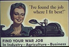 En plakat fra Anden Verdenskrig fra USA viser en kvinde, der er tilfreds med sit arbejde.