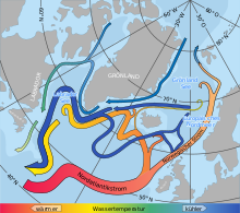 North Atlantic Current (red) and Norwegian Current (orange)