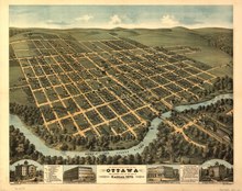 Mapa panorámico de Ottawa de 1872 que incluye imágenes de la Union School, la Ludington House, el C.W Hamblins Block y el edificio de la Universidad de Ottawa  